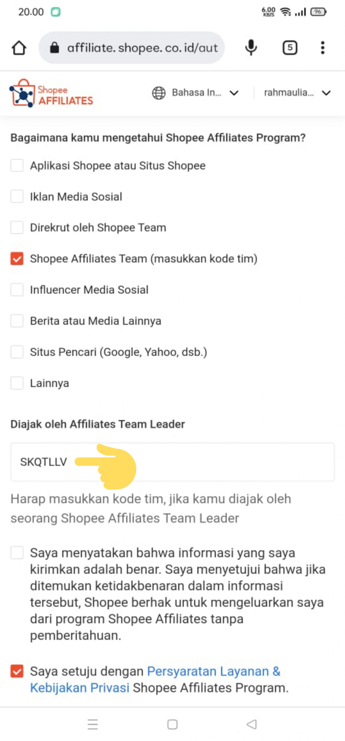 cara memasukan kode referral shopee affiliates kode team leader scaled